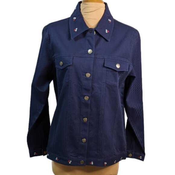 DENIM & CO Embroidered Cotton Stretch Long Sleeve Jacket Navy Size Medium - Picture 15 of 15